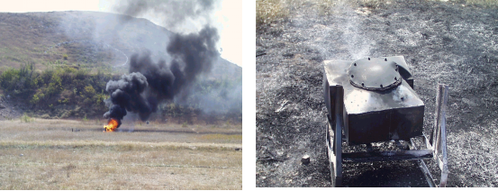 圖1油箱中彈起火；油箱燃燒后變形，但不爆炸